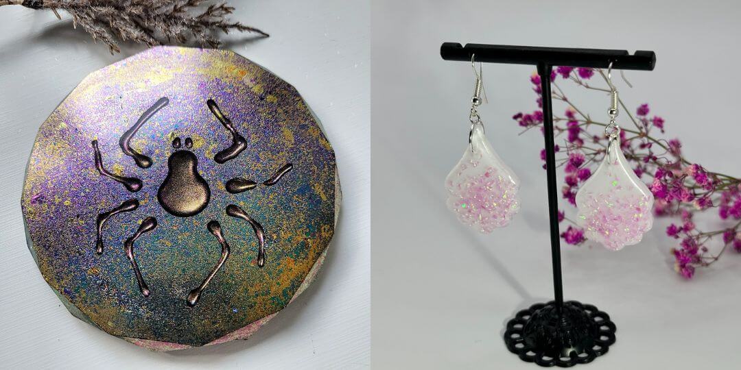 UV resin spider coaster and resin earrings